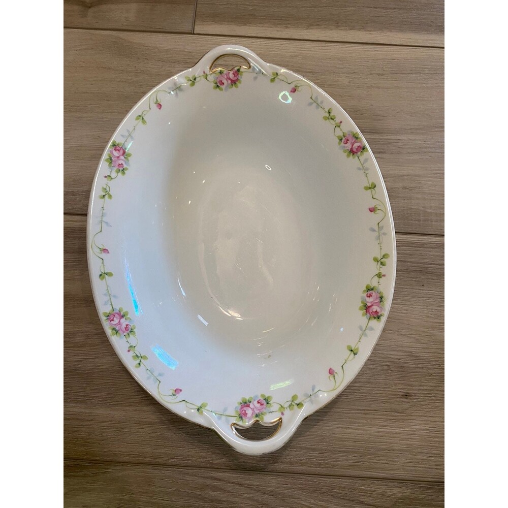 Antique Noritake Nippon Oval Serving Bowl Hand Painted Pink Roses Gold Handles